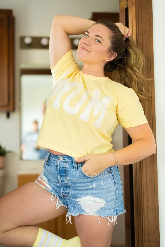 Mom Varsity (Creme) - Cropped Tee (Pale Yellow) Modern Contemporary Chic