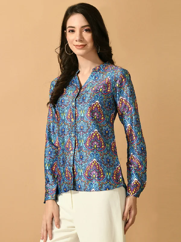 Myshka Women's Multi Satin Printed Smart Shirt Spandex Blend Rayon Blend Denim Blend Myshka Women's Multi Satin Printed Smart Shirt Spandex Blend Rayon Blend Denim Blend