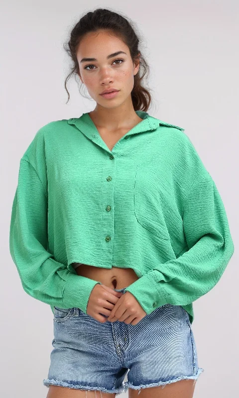 O197606 Side Patched Pocket Regular Fit Green Cropped Shirt Thin T-Shirt Open Front Quick Dry O197606 Side Patched Pocket Regular Fit Green Cropped Shirt Thin T-Shirt Open Front Quick Dry