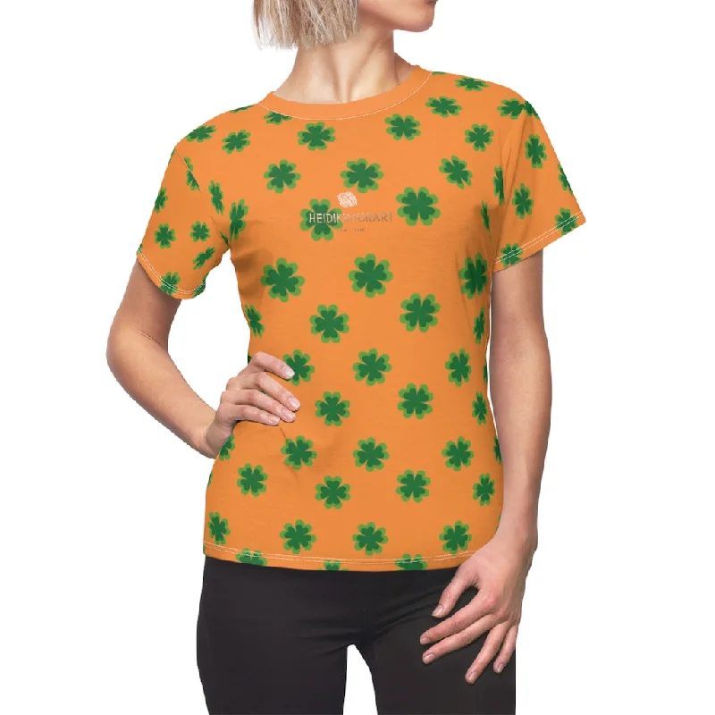 Orange Green Clover T-shirt, Clover Print St. Patrick's Day Women's Premium Crewneck Tee- Made in USA Layered Multi-layer Single Layer