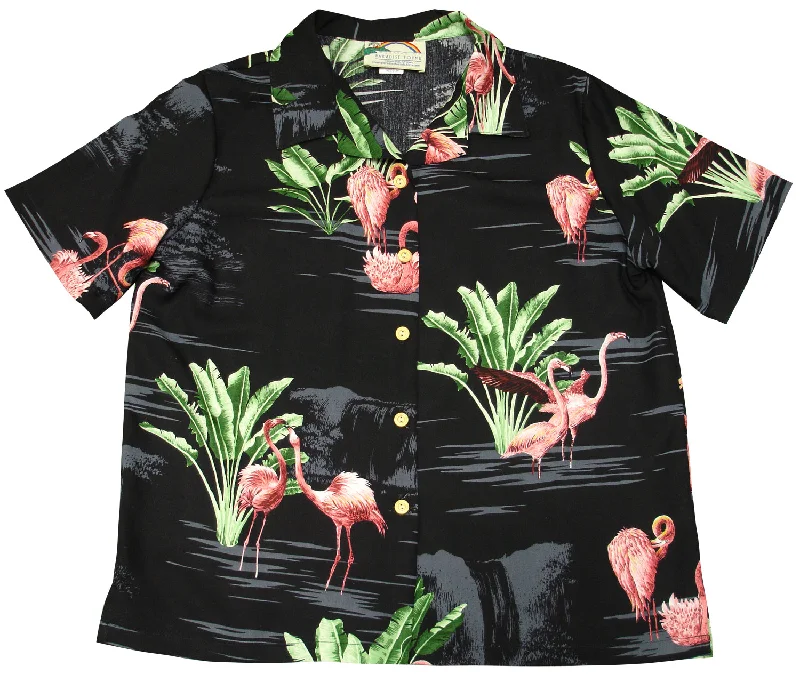 Pink Flamingo 19 Women's Hawaiian Camp Shirt Beaded Sequined Faux Fur