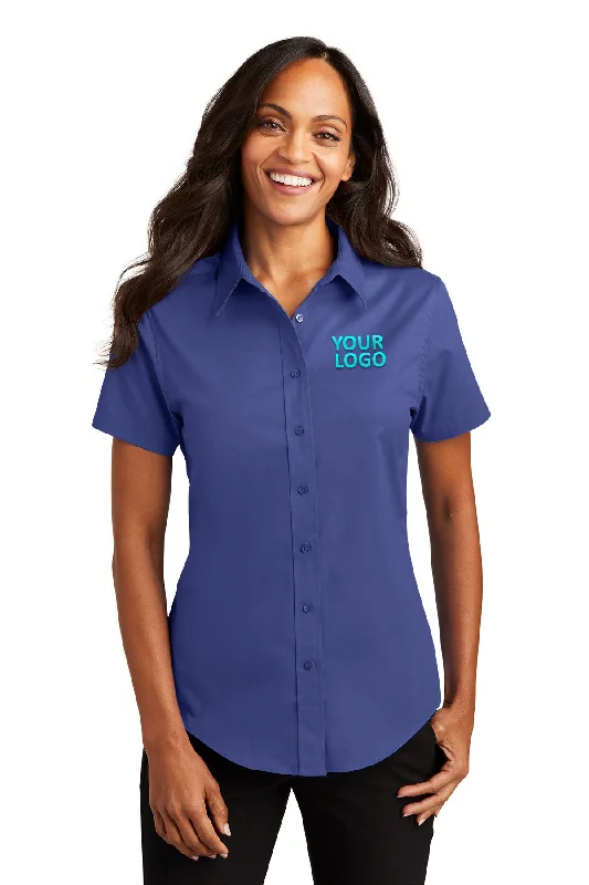 Port Authority Ladies Short Sleeve Easy Care Branded Shirts, Mediterranean Blue Hooded Caped Shawl Collar Port Authority Ladies Short Sleeve Easy Care Branded Shirts, Mediterranean Blue Hooded Caped Shawl Collar
