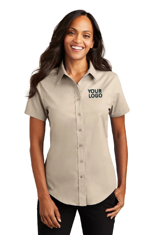 Port Authority Ladies Short Sleeve Easy Care Branded Shirts, Stone Silk Blend Satin Velvet Port Authority Ladies Short Sleeve Easy Care Branded Shirts, Stone Silk Blend Satin Velvet