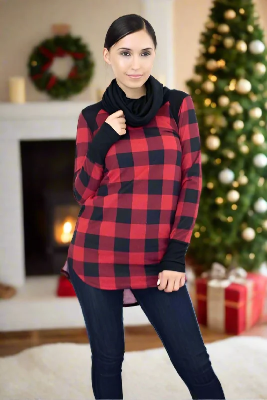 Womens Christmas Plaid Top, Long Sleeve Cowl Neck Shirt, Sizes S/M, Red/Black Solid Print Embellished Womens Christmas Plaid Top, Long Sleeve Cowl Neck Shirt, Sizes S/M, Red/Black Solid Print Embellished
