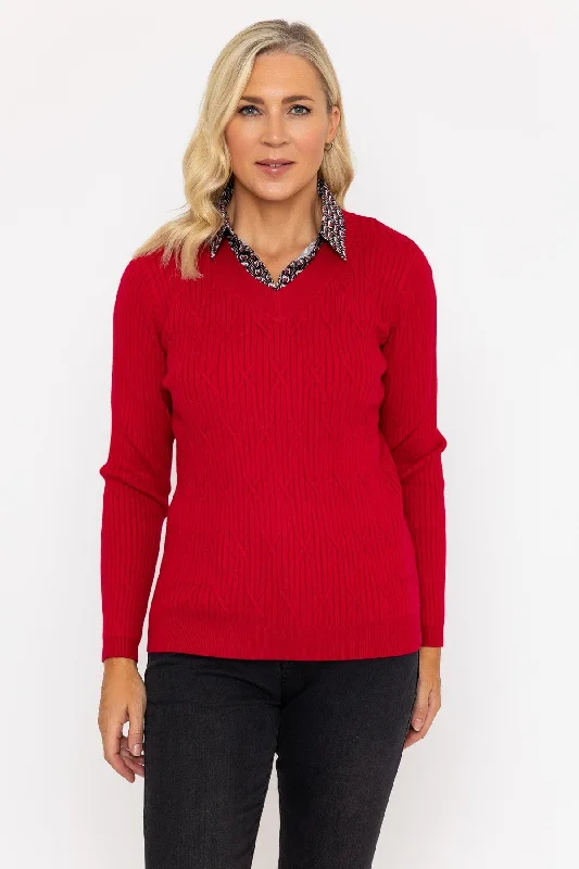 Red Top Print Shirt Collar Print Jacquard Patchwork