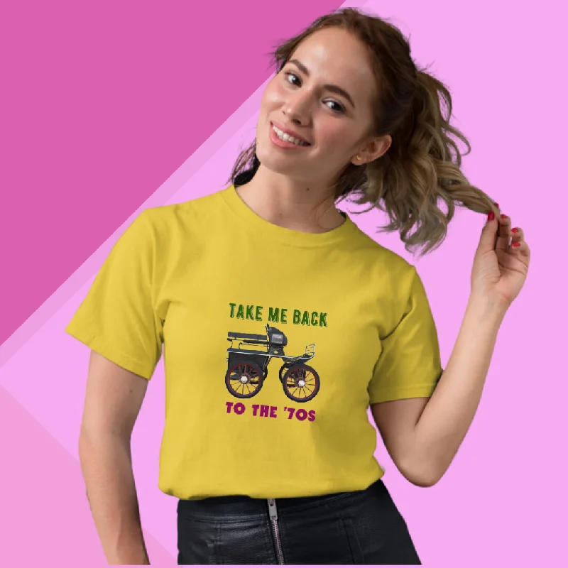 Relive the 70s with Our "Take Me Back to the 70s" Printed Women's White T-Shirt Hooded Caped Shawl Collar Relive the 70s with Our "Take Me Back to the 70s" Printed Women's White T-Shirt Hooded Caped Shawl Collar