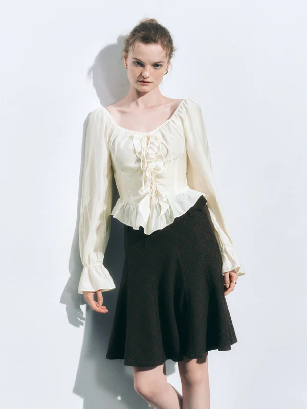 Ruffle Hem Overhead Shirt Solid Print Embellished