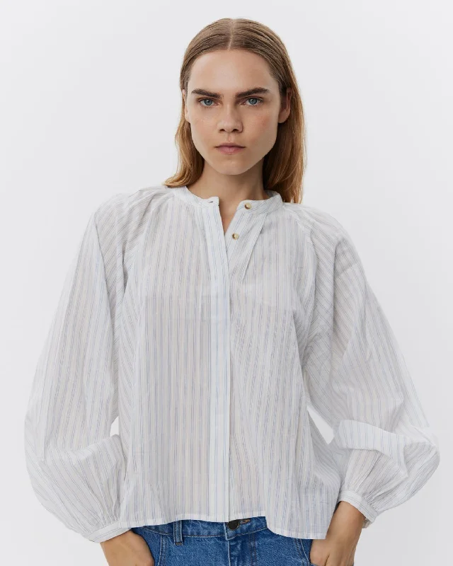 TELASSW SHIRT - Blue striped Zippered Front Buttoned Front Snap Front