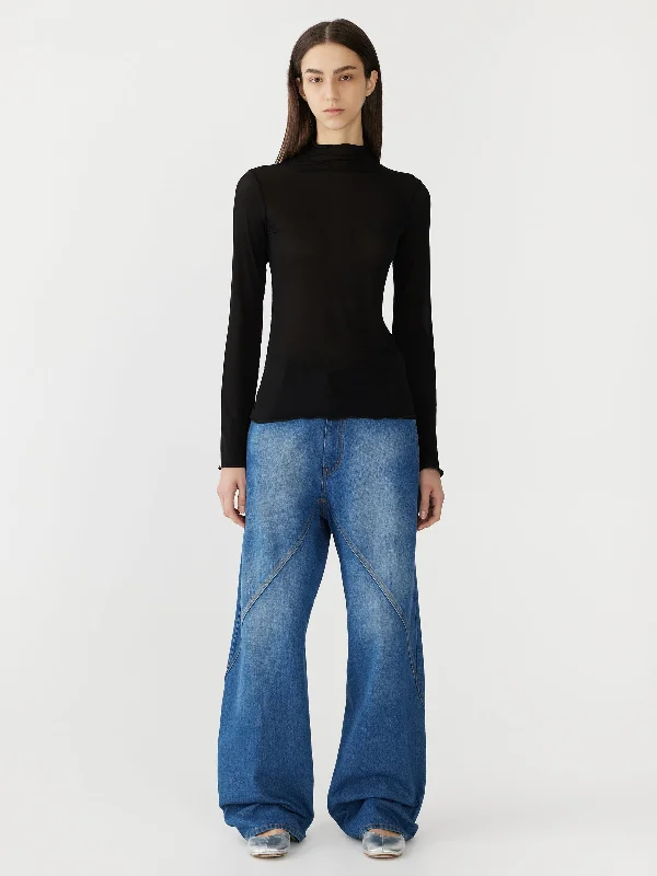sheer raised neck long sleeve t.shirt Spandex Blend Rayon Blend Denim Blend