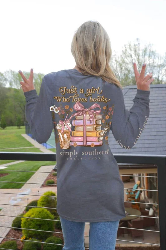 Simply Southern Long Sleeve Books T-Shirt for Women in Charcoal Heather | LS-BOOKS-CHARCOALHTHR Chenille Blend Fleece Blend Nylon Blend Simply Southern Long Sleeve Books T-Shirt for Women in Charcoal Heather | LS-BOOKS-CHARCOALHTHR Chenille Blend Fleece Blend Nylon Blend