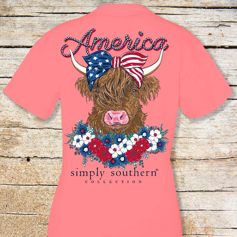Simply Southern Patriotic Highland Cow Women's Short Sleeve T-Shirt Cashmere Blend Cotton Blend Poly Blend