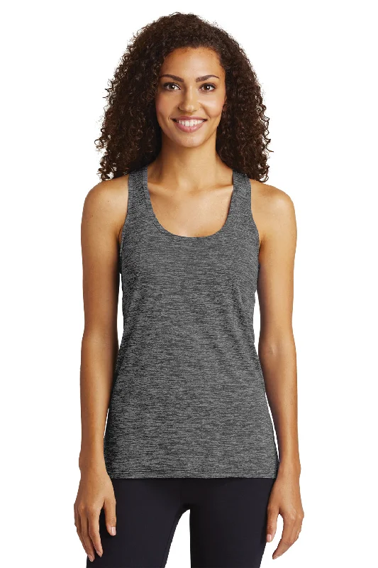 Sport-Tek Womens Electric Heather Moisture Wicking Tank Top - Grey Black Electric crossback tank top Sport-Tek Womens Electric Heather Moisture Wicking Tank Top - Grey Black Electric crossback tank top