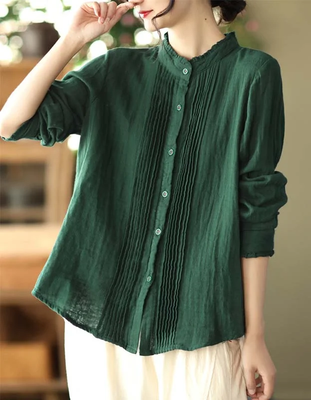 Spring Stand Collar Long Sleeve Linen Shirt Thin T-Shirt Open Front Quick Dry