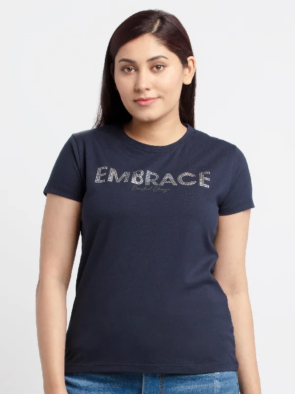 Women Printed Round Neck T-Shirt Spandex Blend Rayon Blend Denim Blend
