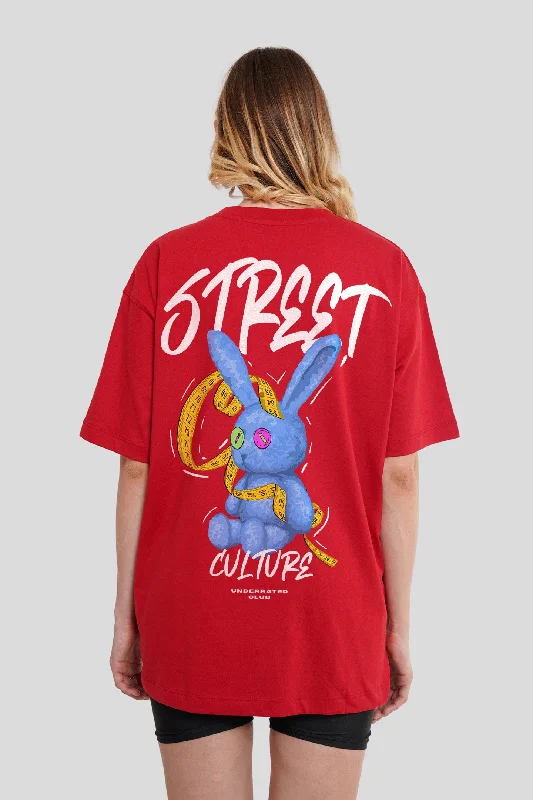 Street Culture Red Printed T-Shirt Women Oversized Fit Wool Fabric Cashmere Fabric Tweed Fabric Street Culture Red Printed T-Shirt Women Oversized Fit Wool Fabric Cashmere Fabric Tweed Fabric