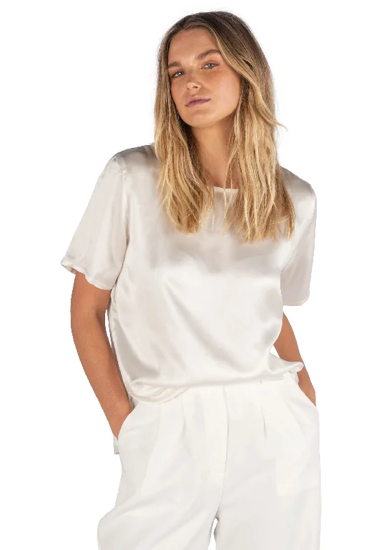 Teena-Satin White 100% Silk T-Shirt Mesh Blend Leather Blend Suede Blend