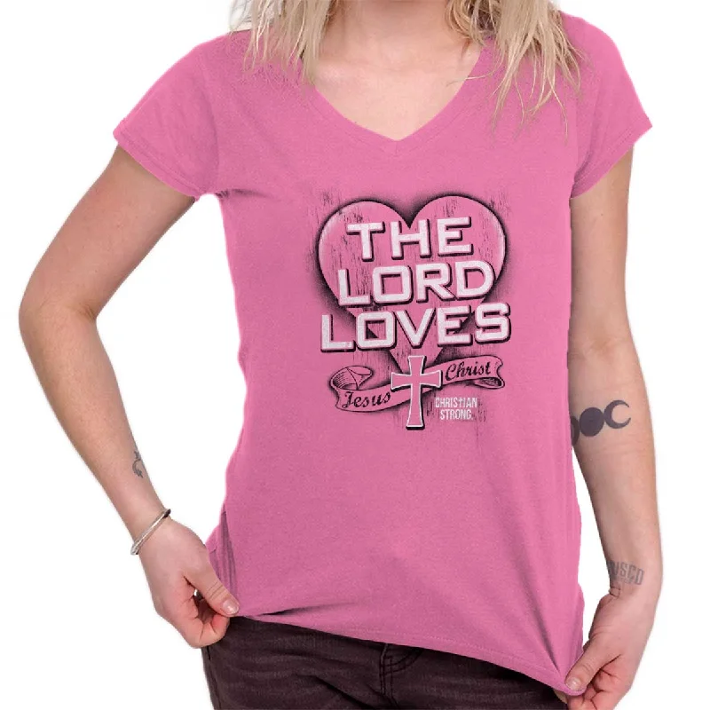The Lord Saves Junior Fit V-Neck T-Shirt Graphic Embroidered Appliqued
