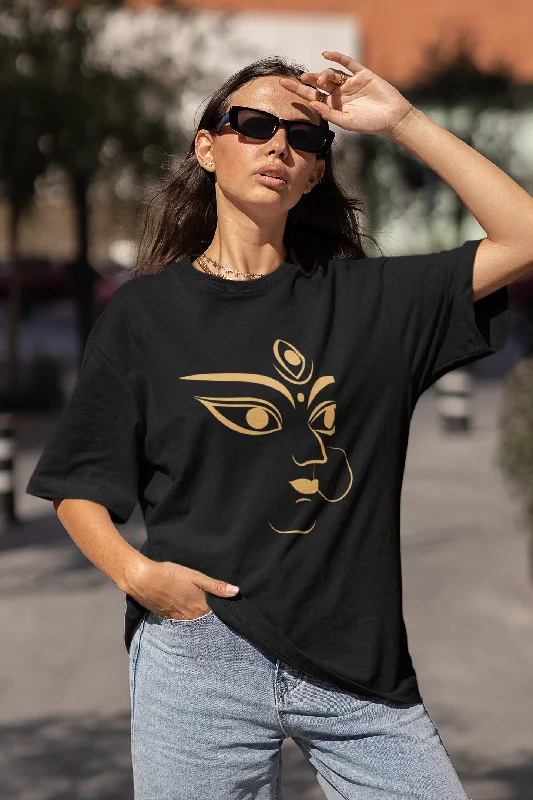 Women Oversized Black T-shirt Durga Mukh Mesh Fabric Canvas Fabric Denim Fabric