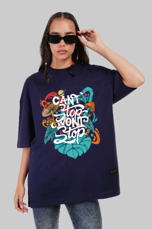 Unstoppable Navy Blue Baggy Fit T-Shirt Women Print Jacquard Patchwork