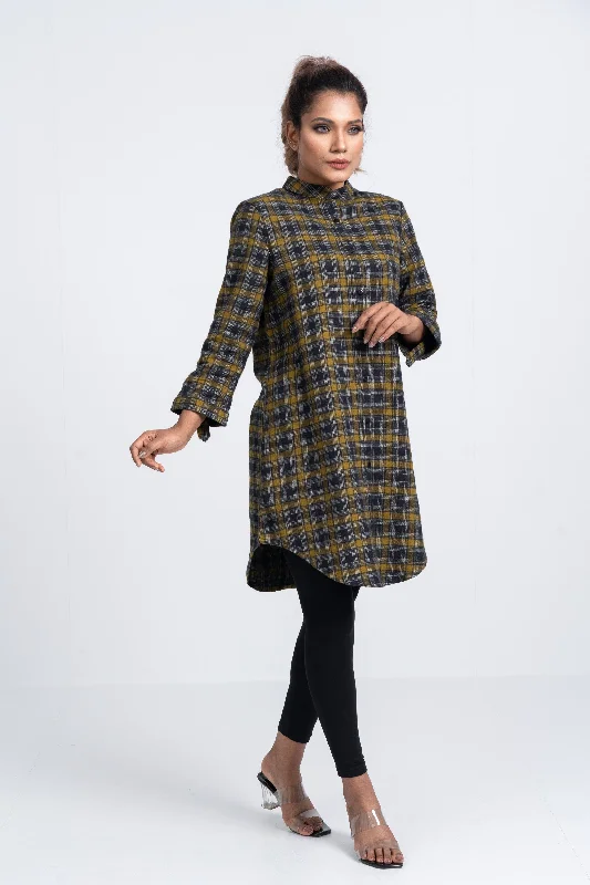 Flannel Checkered Casual Shirt Hooded Caped Shawl Collar