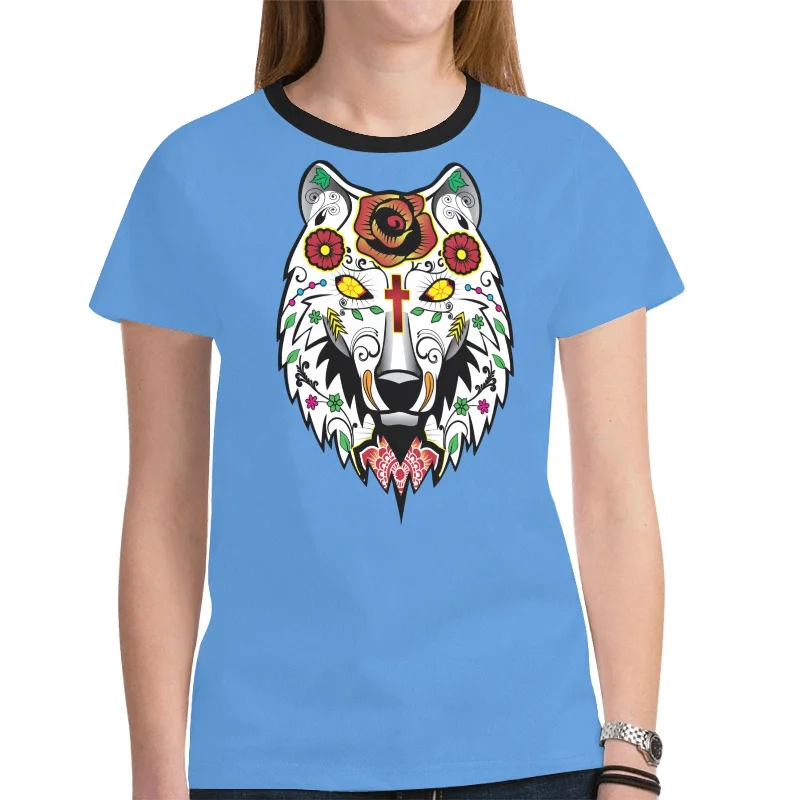 Wolf Spirit Guide (Blue) T-shirt for Women Graphic Embroidered Appliqued