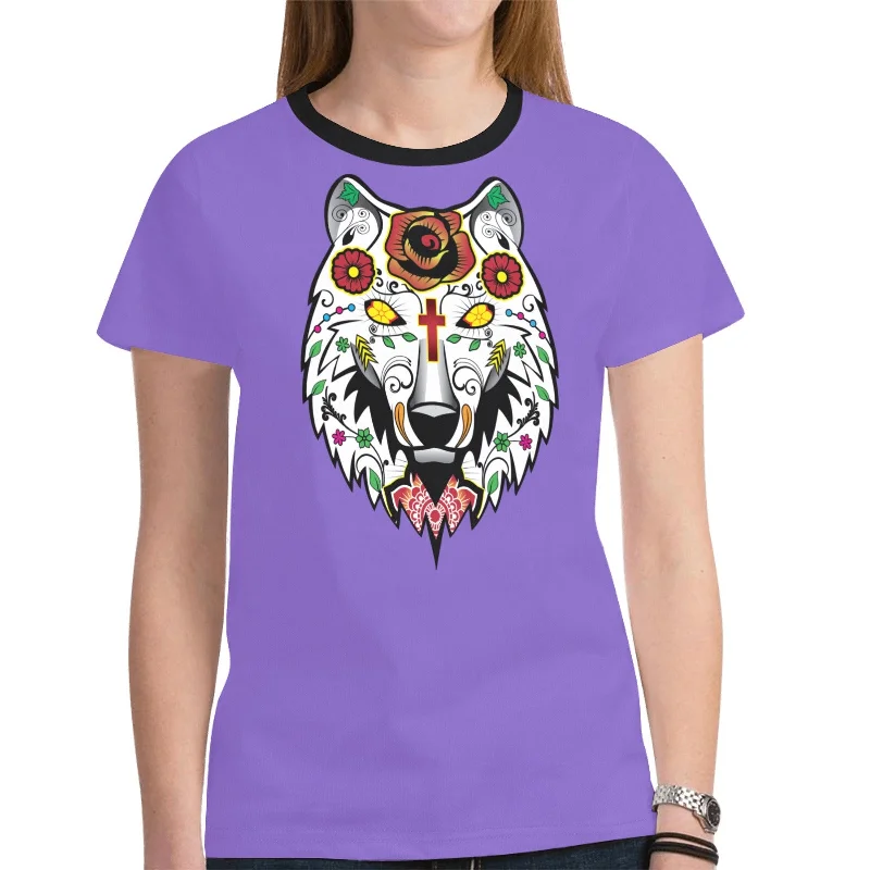 Wolf Spirit Guide (Purple) T-shirt for Women Wool Fabric Cashmere Fabric Tweed Fabric Wolf Spirit Guide (Purple) T-shirt for Women Wool Fabric Cashmere Fabric Tweed Fabric