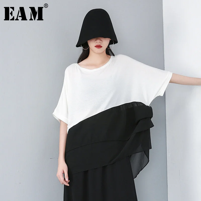 Women White Contrast Color Big Size Chiffon T-shirt Round Neck Houndstooth Herringbone Solid Women White Contrast Color Big Size Chiffon T-shirt Round Neck Houndstooth Herringbone Solid