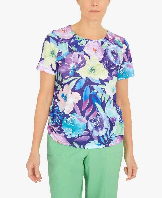 Women's Cinched Waist Floral T-shirt Hooded Caped Shawl Collar