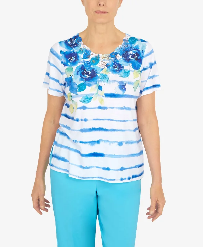 Women's Cool Vibrations Lace Neck Floral Stripe T-shirt Basic T-Shirt Crew Neck Short Sleeve Women's Cool Vibrations Lace Neck Floral Stripe T-shirt Basic T-Shirt Crew Neck Short Sleeve
