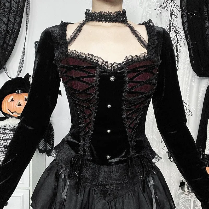 Women's Gothic Lace-up Halter Shirt Black Red Elegant Classic Vintage