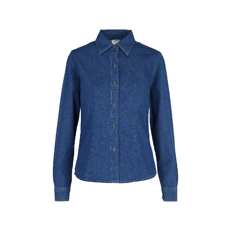 Women’s Long Sleeve Silhouette Denim Shirt (Light Indigo) Zippered Front Buttoned Front Snap Front Women’s Long Sleeve Silhouette Denim Shirt (Light Indigo) Zippered Front Buttoned Front Snap Front