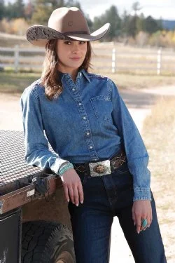 Women's Match Girls Girlfriend Fit Embroidered Denim Western Shirt - Indigo Rayon Velvet Corduroy