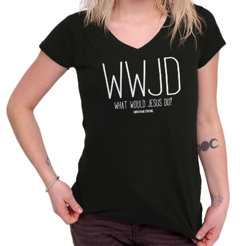WWJD Junior Fit V-Neck T-Shirt Houndstooth Herringbone Solid