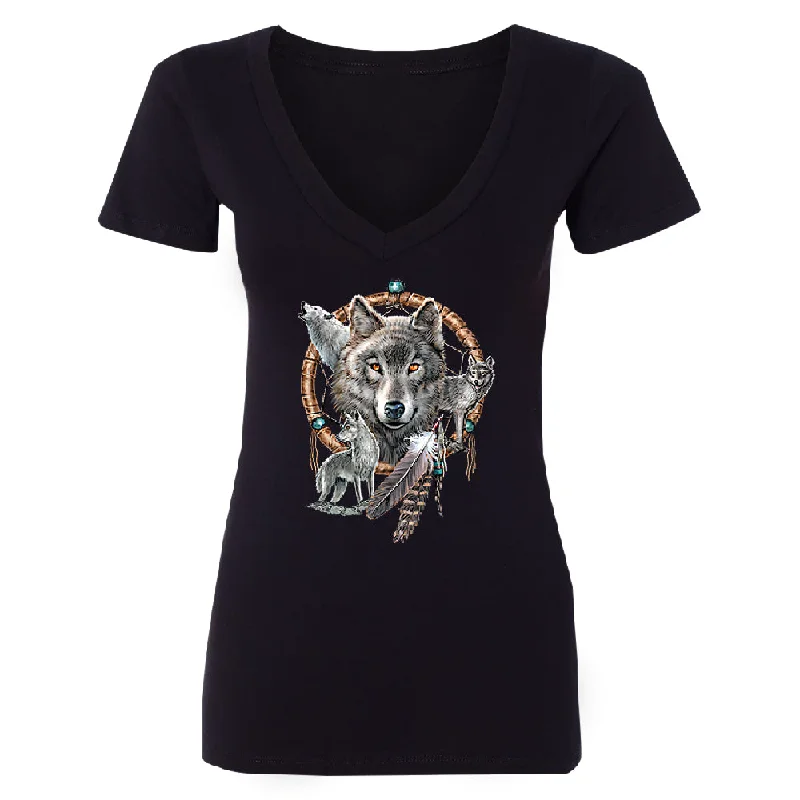 Zexpa Apparel™ Dreamcatcher Wovles Howling Tattoo Women's Deep V-neck Souvenir Tee Collared Crew Neck Turtle Neck Zexpa Apparel™ Dreamcatcher Wovles Howling Tattoo Women's Deep V-neck Souvenir Tee Collared Crew Neck Turtle Neck