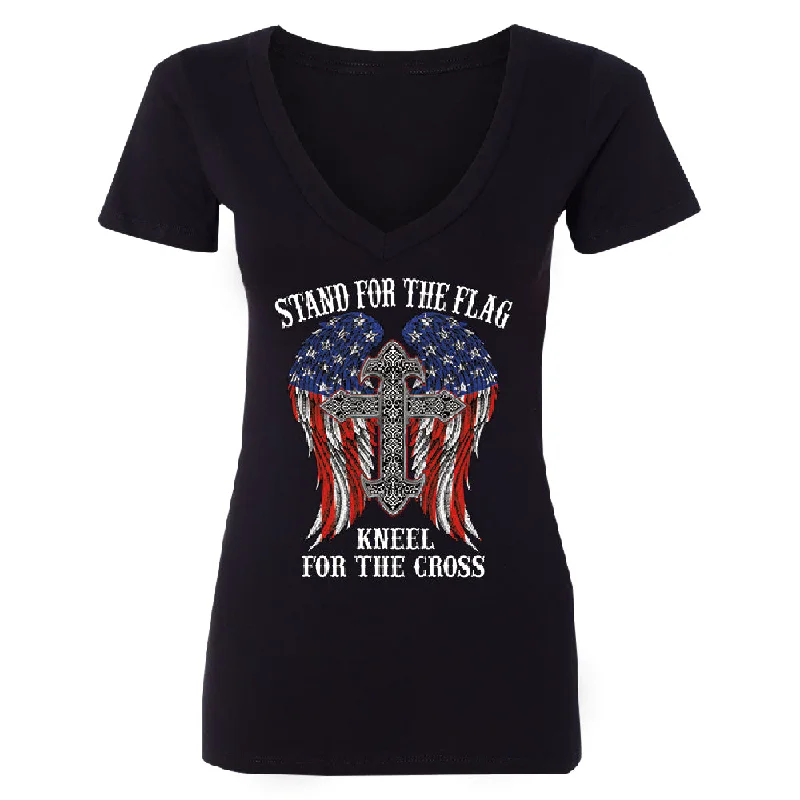 Zexpa Apparel™ Stand For The Flag Kneel For The Cross Women's Deep V-neck American Flag Tee Houndstooth Herringbone Solid Zexpa Apparel™ Stand For The Flag Kneel For The Cross Women's Deep V-neck American Flag Tee Houndstooth Herringbone Solid