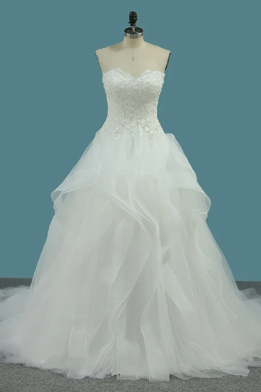 Sweetheart Tulle Wedding Dresses A Line With Applique Sweep Train Floral Print girly