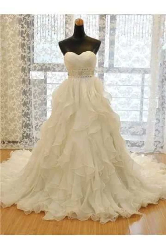 Sweetheart Wedding Dress A Line Organza With Beads And Ruffles Chapel Train Boat Neckline Classic
