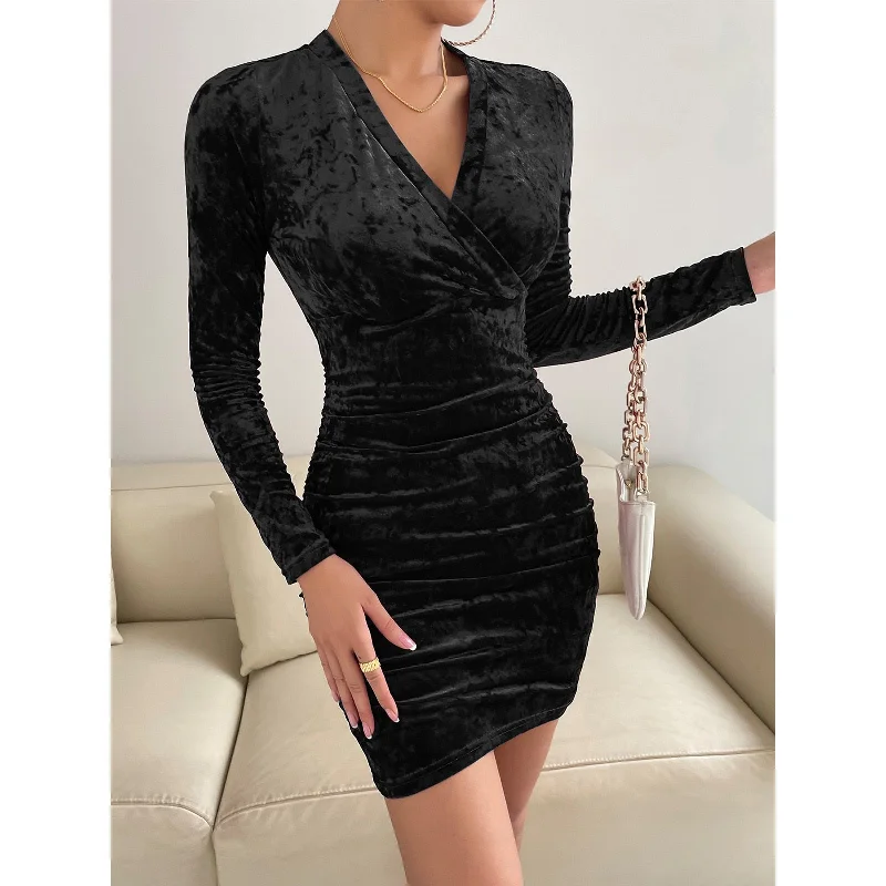 Zjkrl - Black Sexy Club Dress for Women V Neck Bodycon Dress Full Sleeve High Waist Versatile Mini Dress Streetwear Ladies Fashion Tunics Velvet soft