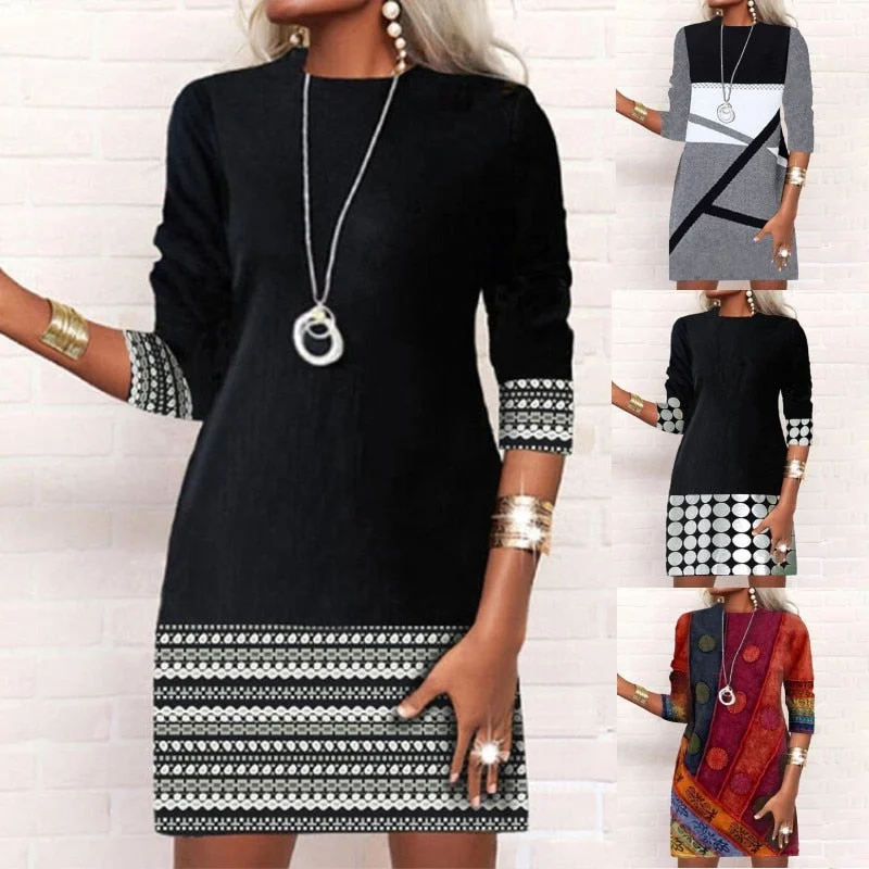 Zjkrl Elegant Round Neck Geometric Printing Long Sleeve A-line Skirt Autumn Winter New Fashion Patchwork Slim Mini Dress Women Tunics Business professional