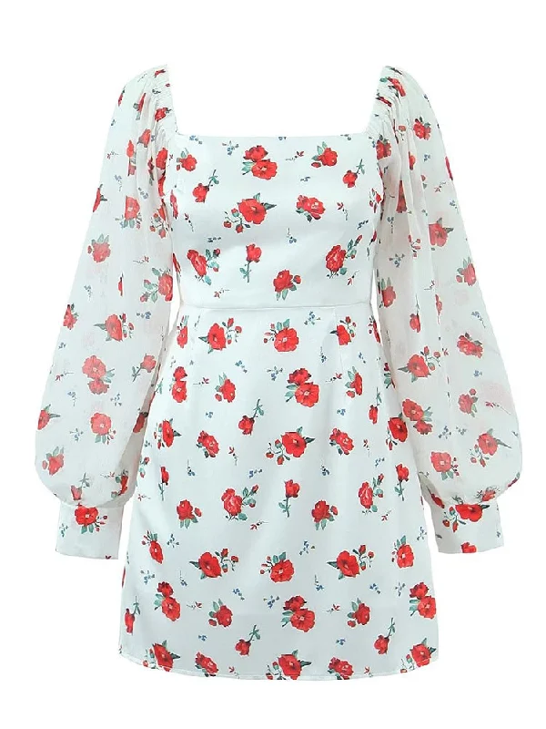 Zjkrl - 2023 Women French Style Rose Flower Print Satin Dress Vintage Puff Long Sleeve Ladies Holiday Mini Robe Boat Neckline Classic