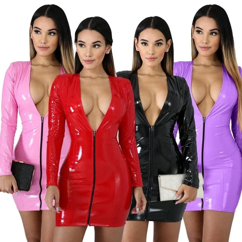 Zjkrl - 3XL Women Pencil Dress Bodycon Sexy Zipper V-neck Faux Leather Mini Dresses Long Sleeve Party Clubwear Latex Dress Vestido Tunics Denim casual