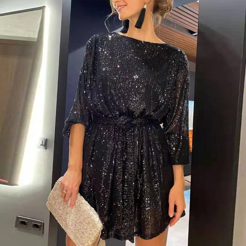 Zjkrl - Autumn Winter Elegant Solid Sequin Party Dress Women Casual Long Sleeve A-Line Dress Lady Fashion Shiny Loose Mini Dress Vestido Tunics Handmade artisanal