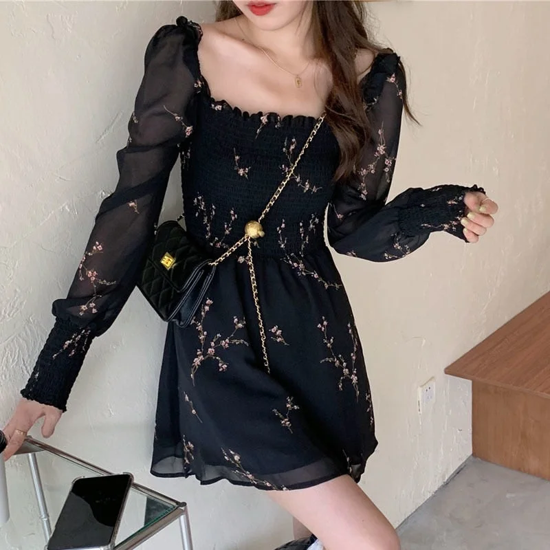 Zjkrl - Autumn Womens Sexy Black Dress Vintage Flower Long Puff Sleeve Chiffon Dresses Korean Casual Mini Vestidos Mujer Clothes 13676 Tunics Vintage classic