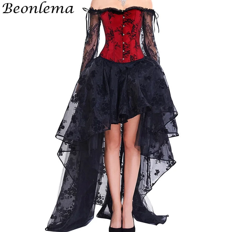BEONLEMA Long Sleeve Lace Korset Sexy Black Gothic Dress Hot Red Bustier Set Steampunk Corset Clothing Women Plus Size Corset Tunics Versatile stylish