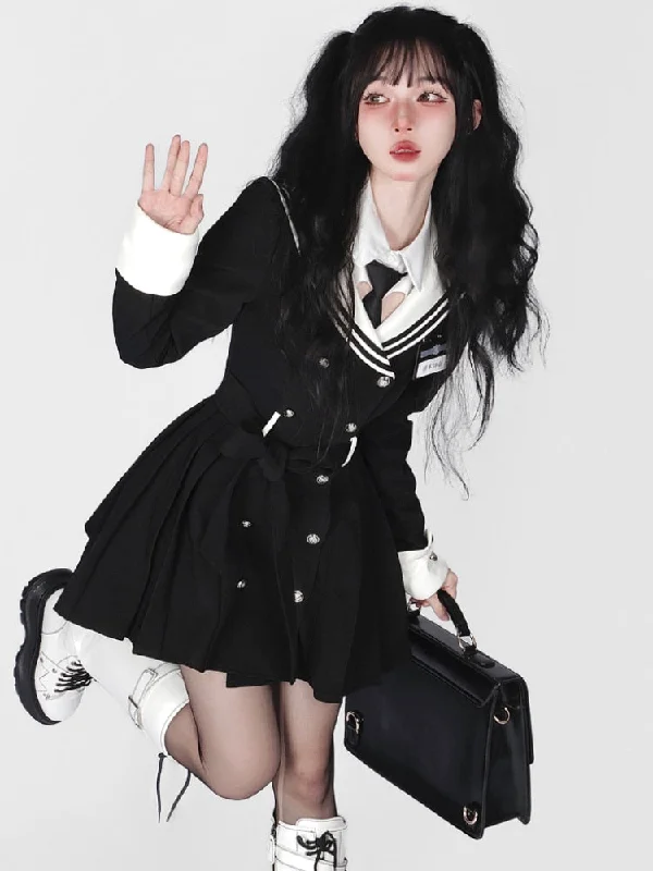 Zjkrl Black Korean Style Elegant Dress Women Navy Collar Sweet Party Mini Dress Female Long Sleeve College Style One-piece Dress 2023 Tunics Plaid country