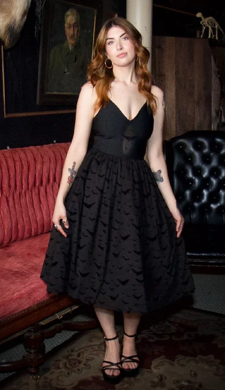 Bram - Velvet Flocked Bat Bandage Fit and Flare Dress Tunics Short Trendy