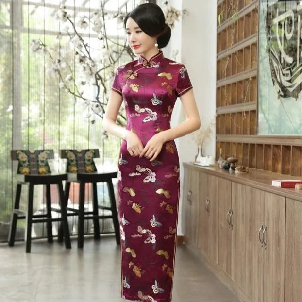 Cap Sleeve Floral Brocade Tea Length Cheongsam Chinese Dress Tunics Winter warm