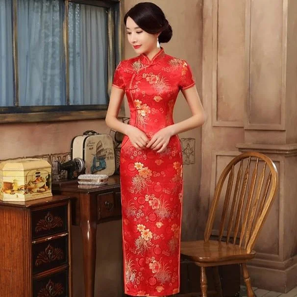 Cap Sleeve Tea Length Floral Brocade Cheongsam Chinese Dress Tunics Fashionable chic