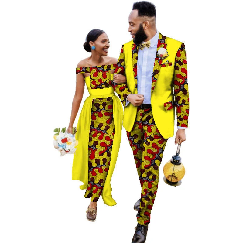 Cotton African Couple Wearing Wedding Dress Suits And Dress Sets Lovers Matching Clothes + Halter Neckline Beach