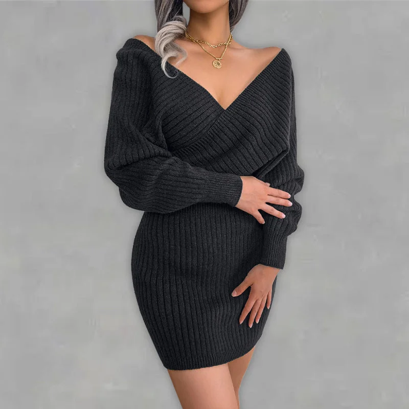 Cross V-neck bat skirt wool dress Tunics Sophisticated sleek